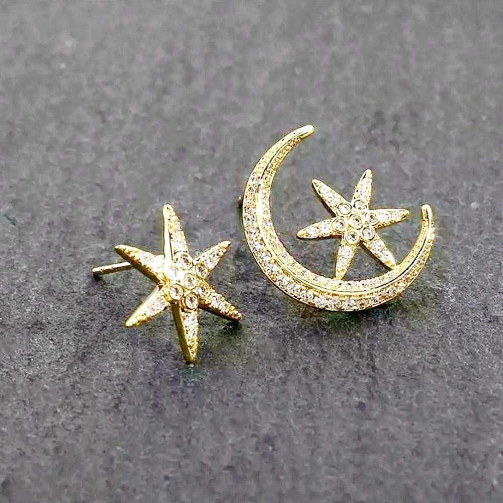 Gold plated crystal star moon earrings with silver post choose your style